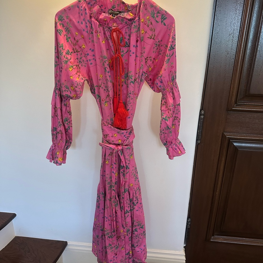 Cynthia Rowley Pink and Red Wrap Dress with Bishop Sleeves